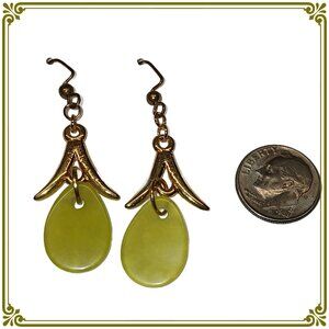 Green Teardrop Earrings with Gold Tone Metal